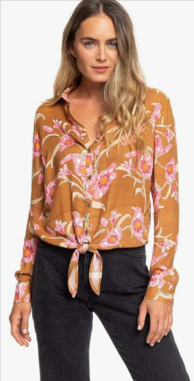 ROXY Suburb Vibes Tie-Front Floral Shirt Women’s Size L 8-12 Long Sleeve